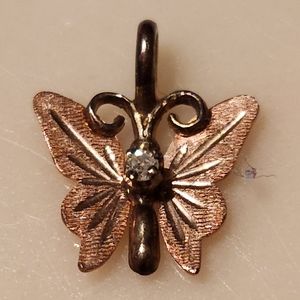 Tiny 10k Rose/Yelllow Gold and Diamond Chip Butterfly Pendant